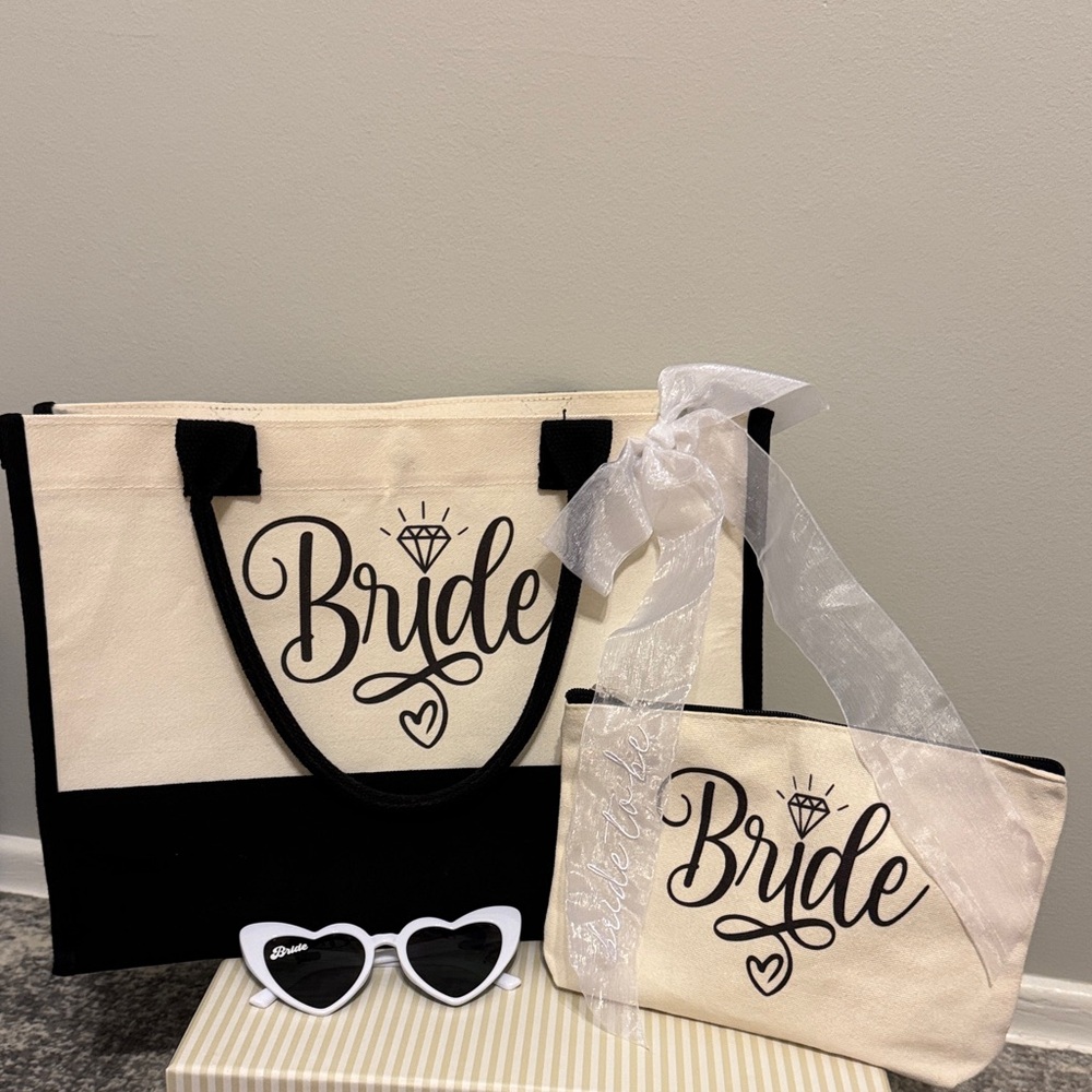 Bride Canvas Tote and Pouch Set - Black and Cream